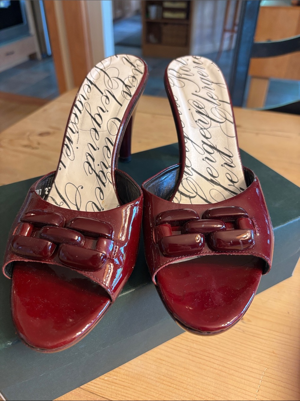 Robert Clergerie Burgundy Patent Chain-Detail Mules